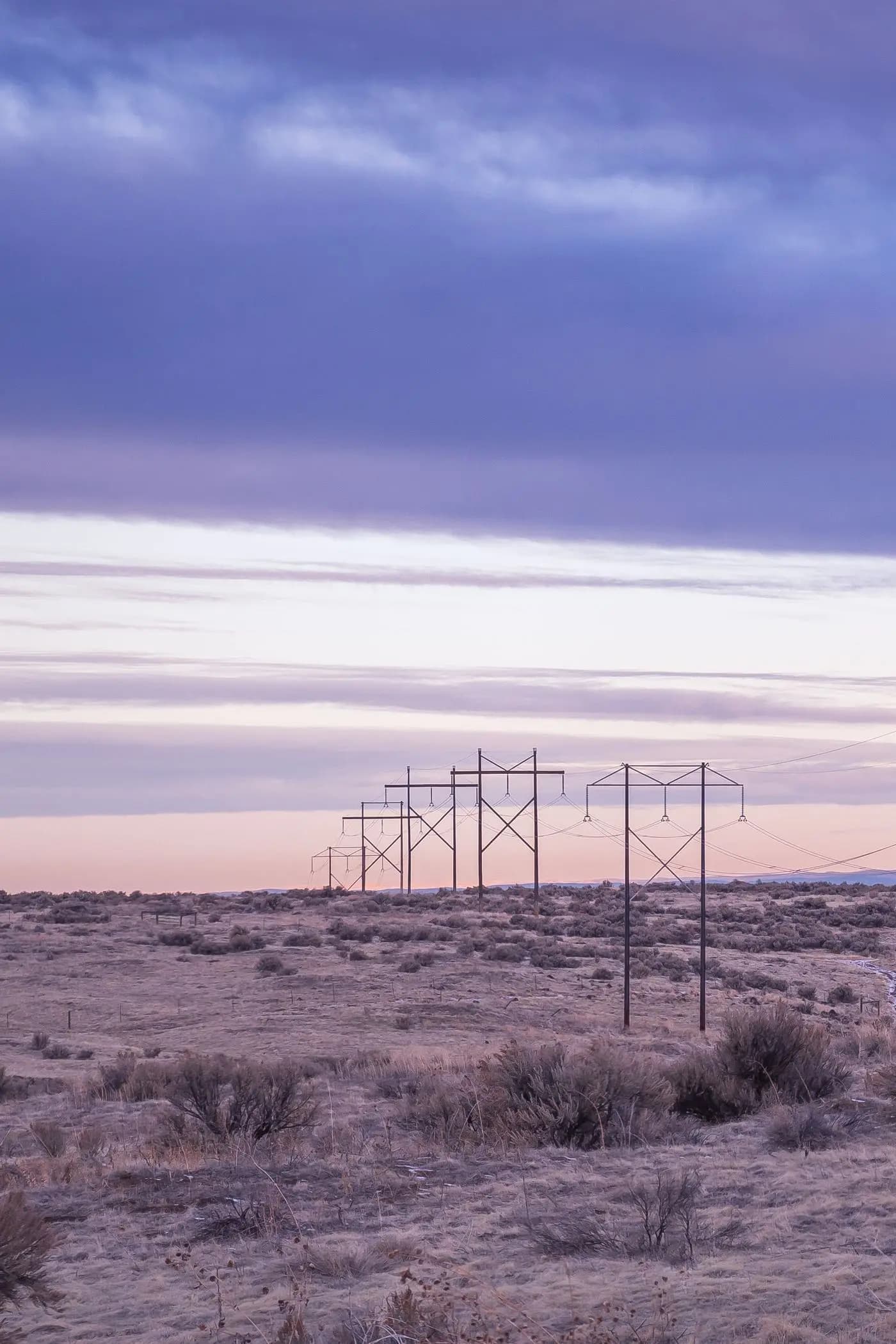 Transmission towers across open ground at dawn